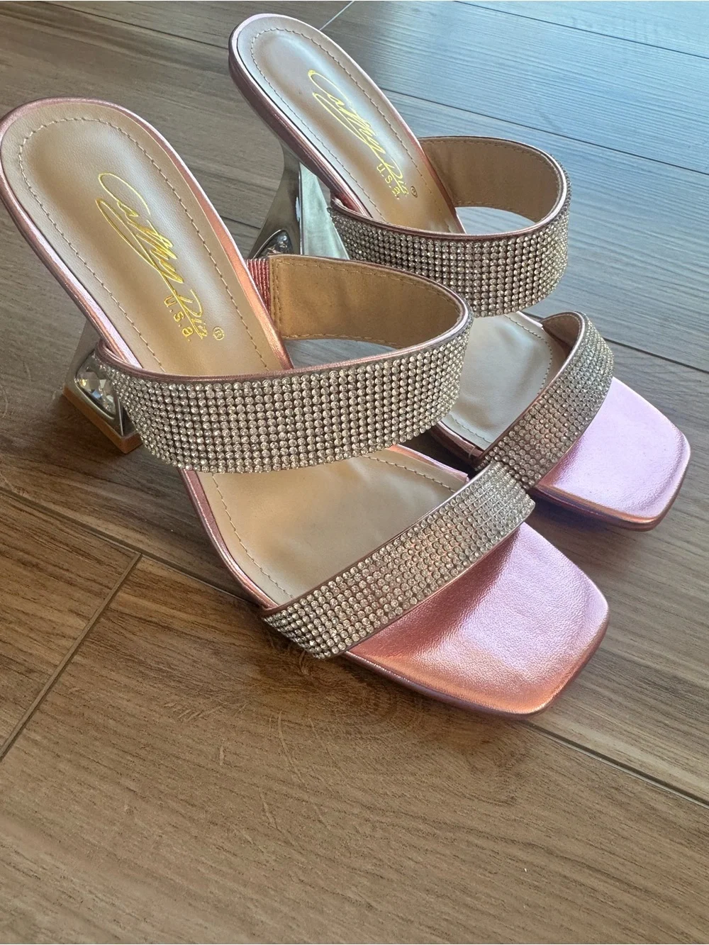 Crystal-Embellished Rose Pink Metallic Block Heel Sandals Brand New w/ Box